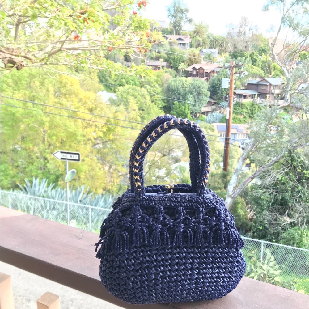 Navy blue raffia mini purse